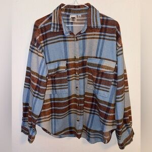 Blue & Brown Ford Bronco Plaid Button Up Flannel Size Large